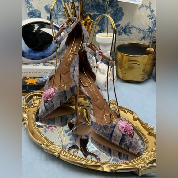 🆕 KURT GEIGER LONDON 🧿 NWOB Belgravia Pink Denim Vinyl High Heel, Sz 37 US 7 - Picture 8 of 16